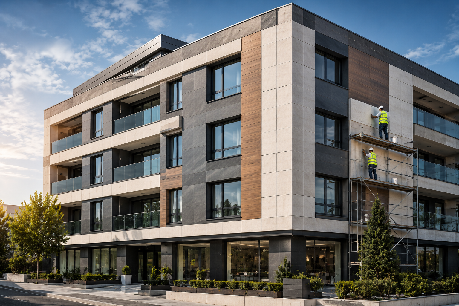 Modern bina cephesinde uygulanan dayanıklı ve estetik fibercement dış cephe kaplama sistemi